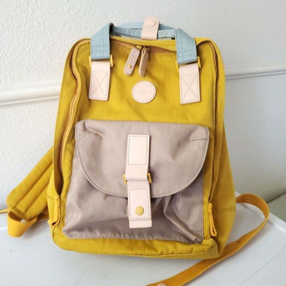 Himawari Contrast Waterproof Canvas Backpack Bag with Round Label Mustard Yellow